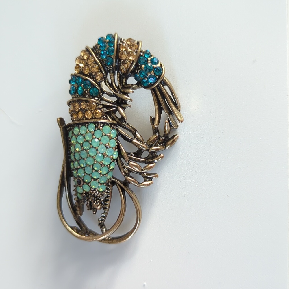 Brass Crystal Shrimp Brooch